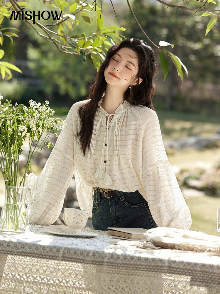 MiSHOW French Striped Blouses Women Spring New 2025 Long Sleeve Lace Collar Shirts Female Fashion Solid Chiffon Tops MXE12C0387