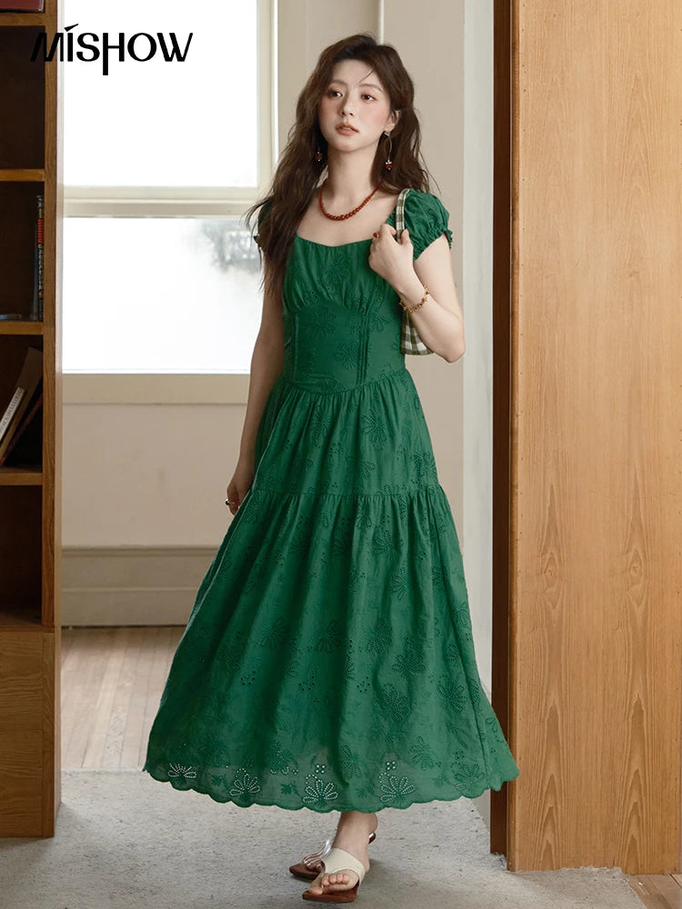 MISHOW Women's French Fashion Square Neck Dress 2025 Summer New Puff Sleeve Embroidery Midi Dresses Ladies Clothing MXE39L2325
