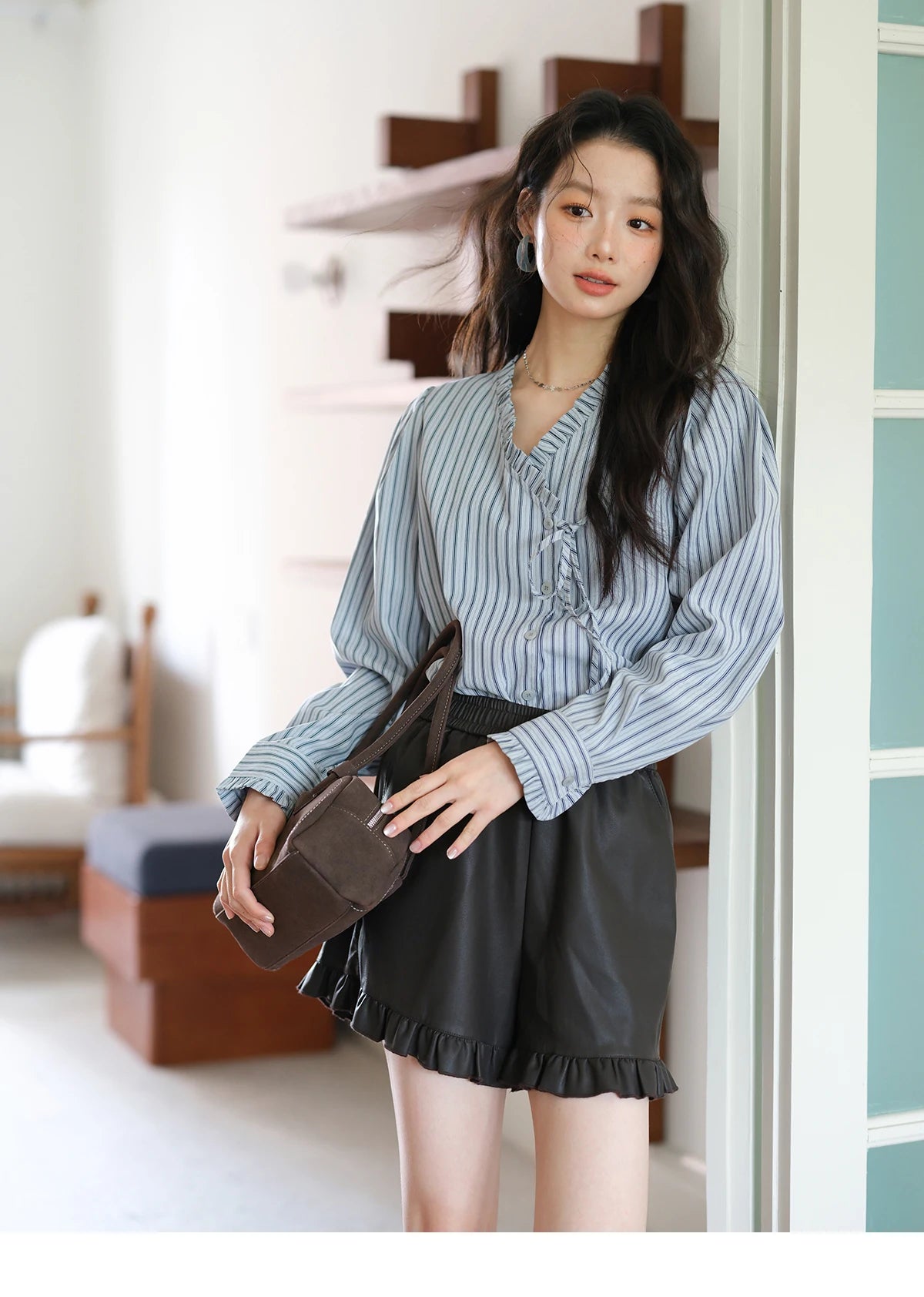 MISHOW Blue Striped Peach Skin Velvet V-neck Shirts for Women Autumn 2025 Asymmetrical Lace-up Commuting Casual Shirt MXE42X2472