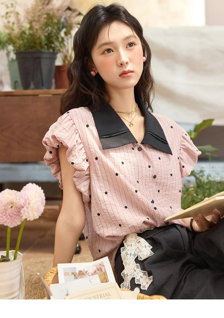 MISHOW Summer Office Lady Blouses Women 2025 Short Sleeve Turn-down Collar Polka Dot Shirts Female Fashion Slim Tops MXE31C0776