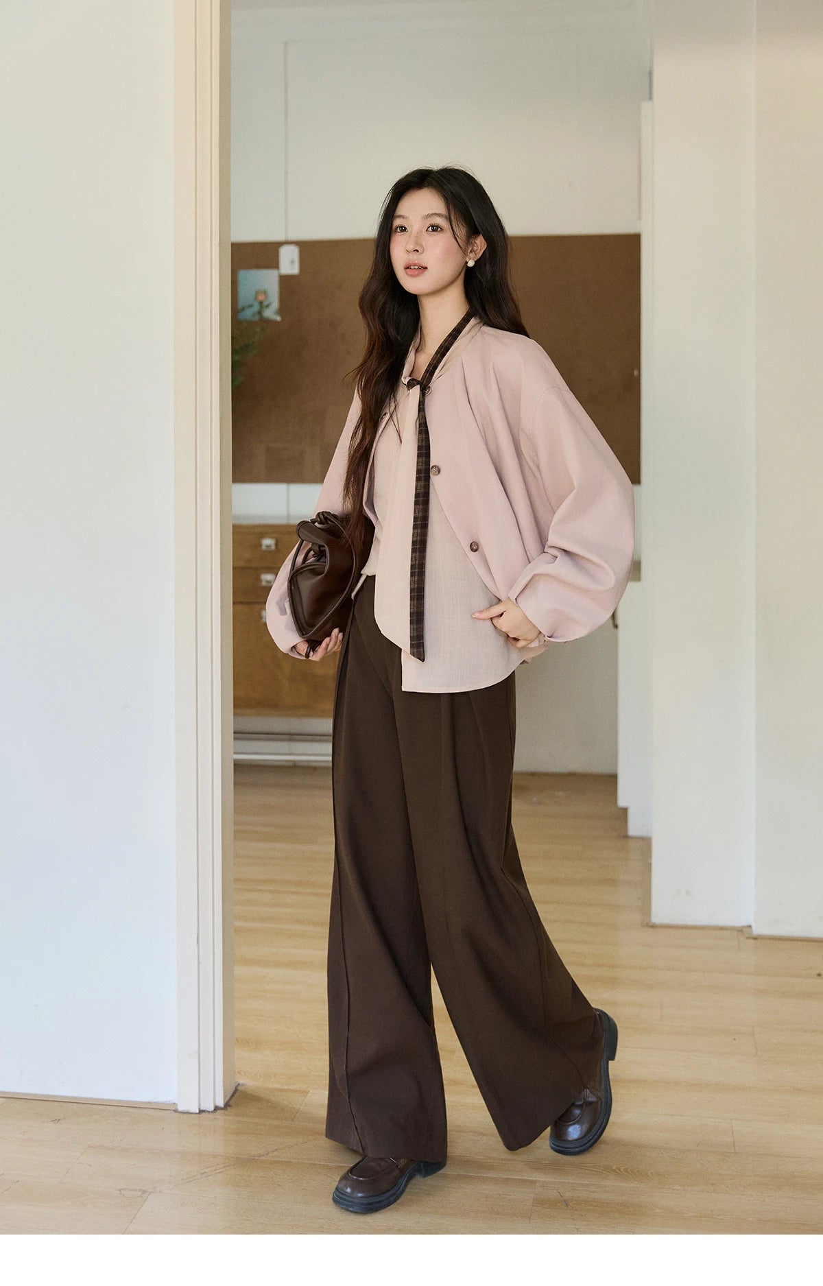 MISHOW Women's Dusty Pink Shirts Spring Plaid Tie Neck Loose Casual Shirt 100 Lyocell Lantern Sleeve Top Office Lady MXF108C0817