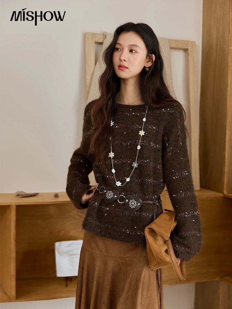 MISHOW Brown Chrysanthemum Yarn Sweaters Women Beltless 2025 Autumn Wool Blend Loose Round Neck Retro Knitted Tops MXE47Z2574