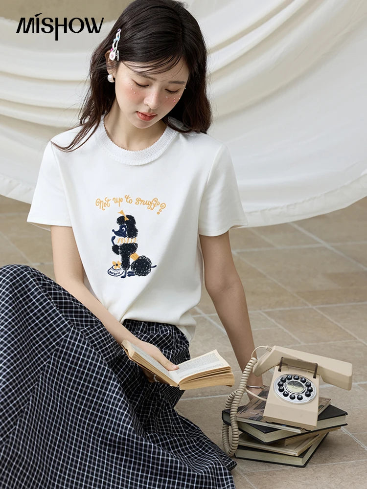 MISHOW Casual Summer Print Shirt Women New 2025 Round Neck Short Sleeve Dog Embroidered T-shirts Female Fashion Tops MXE33T0540