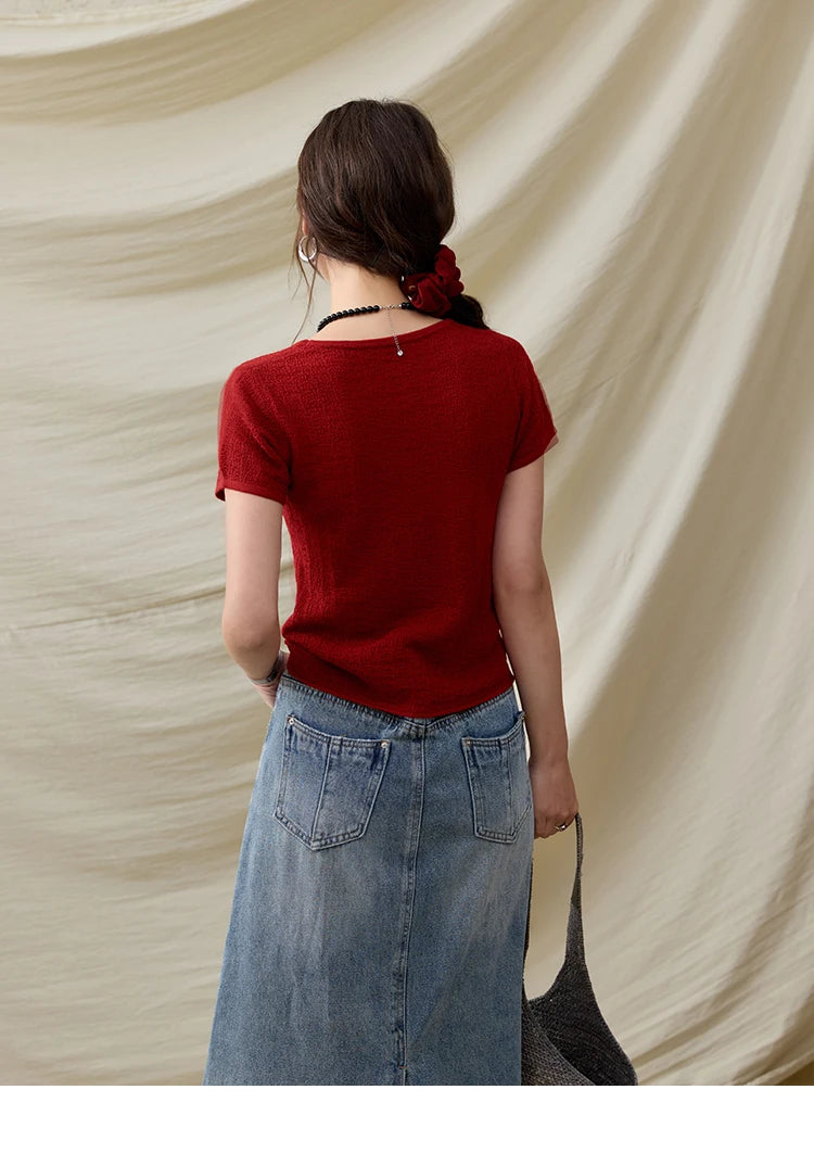 MISHOW Office Lady Women’s T-shirts Summer 2025 Short Sleeve Round Neck Solid Slimming Knitted Shirt Female Fashion MXE34Z1257