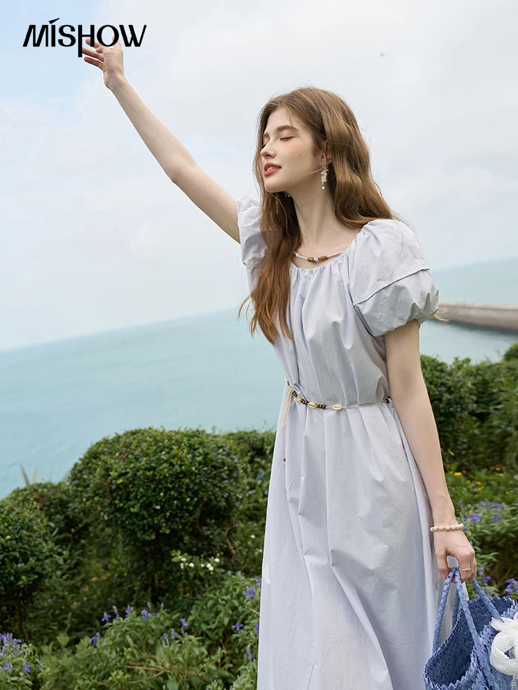 MISHOW 100 Cotton Bohemian Dress 2024 Summer French Elegant Elastic Round Neck Bubble Sleeve Long Dresses with Belt MXD26L1940