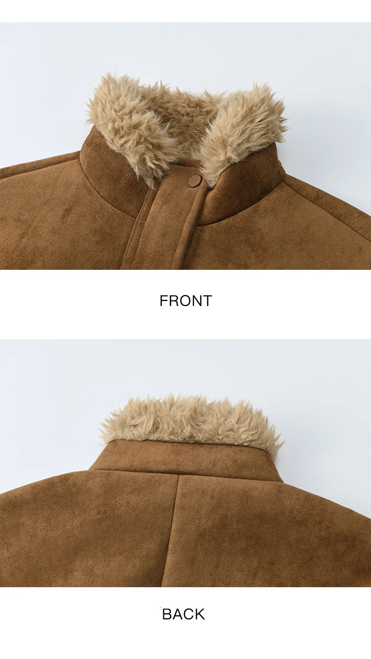 MISHOW Khaki Suede Jacket for Women 2025 Winter New Retro Stand Collar Zippered Jacket Pockets Long Sleeves Top MXE88W0886