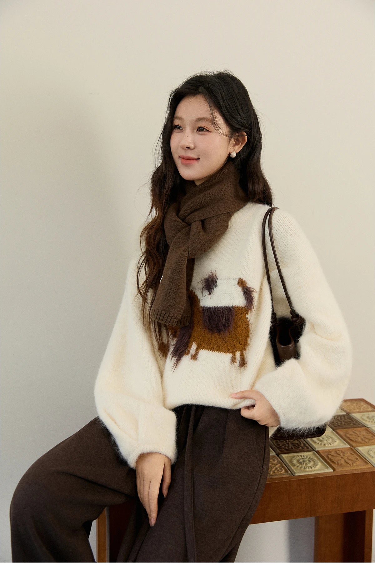 MISHOW Women's Solid Knitted Sweater 2025 Autumn Winter Dog Pattern Jacquard Crew Neck Fluffy Warm Loose Pullover Top MXE94Z2988