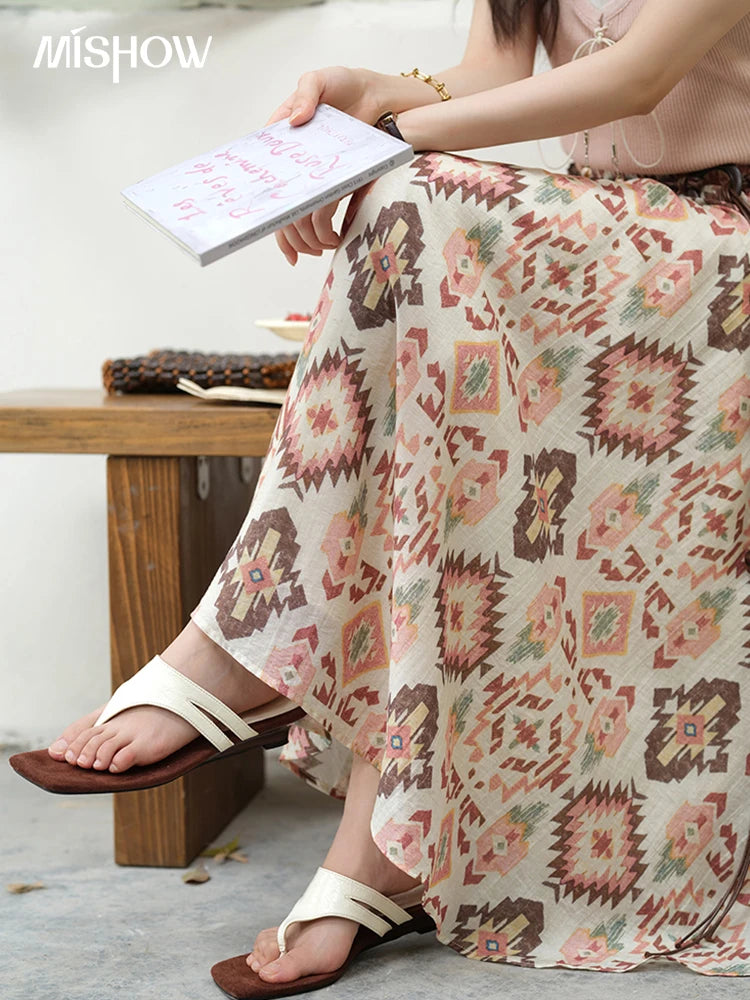 MISHOW Women's Geometric Print Half Skirt 2025 Summer Retro Prairie Chic Pocket Vacation A-line Skirt Female Clothing MXE37B0760