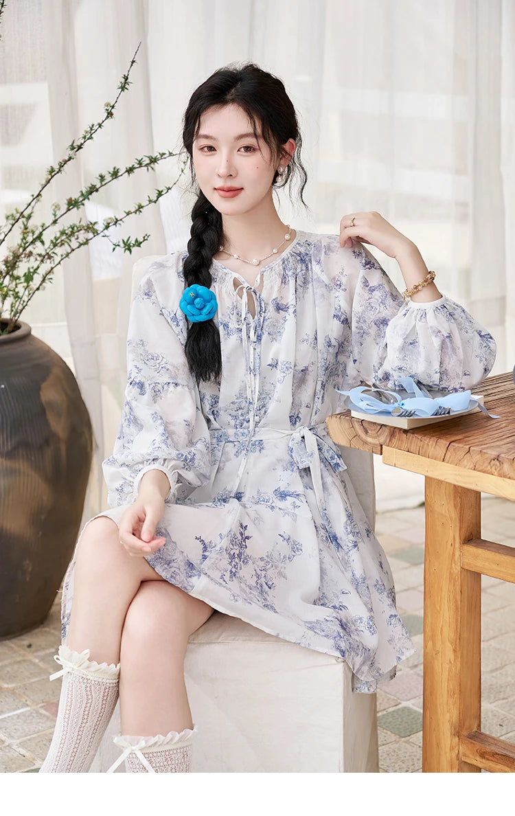 MISHOW Fairy Temperament Floral Puff Sleeved Chiffon Dress Spring Summer 2025 Lace-up O Neck Waist Knee-Length Dress MXD14L1681