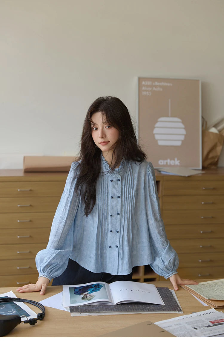 MISHOW Women's Shirt 2025 Autumn Blue Polka Dot Chiffon Loose Shirt Stand Collar Double Row Buckle Lantern Sleeve Top MXE41X1926