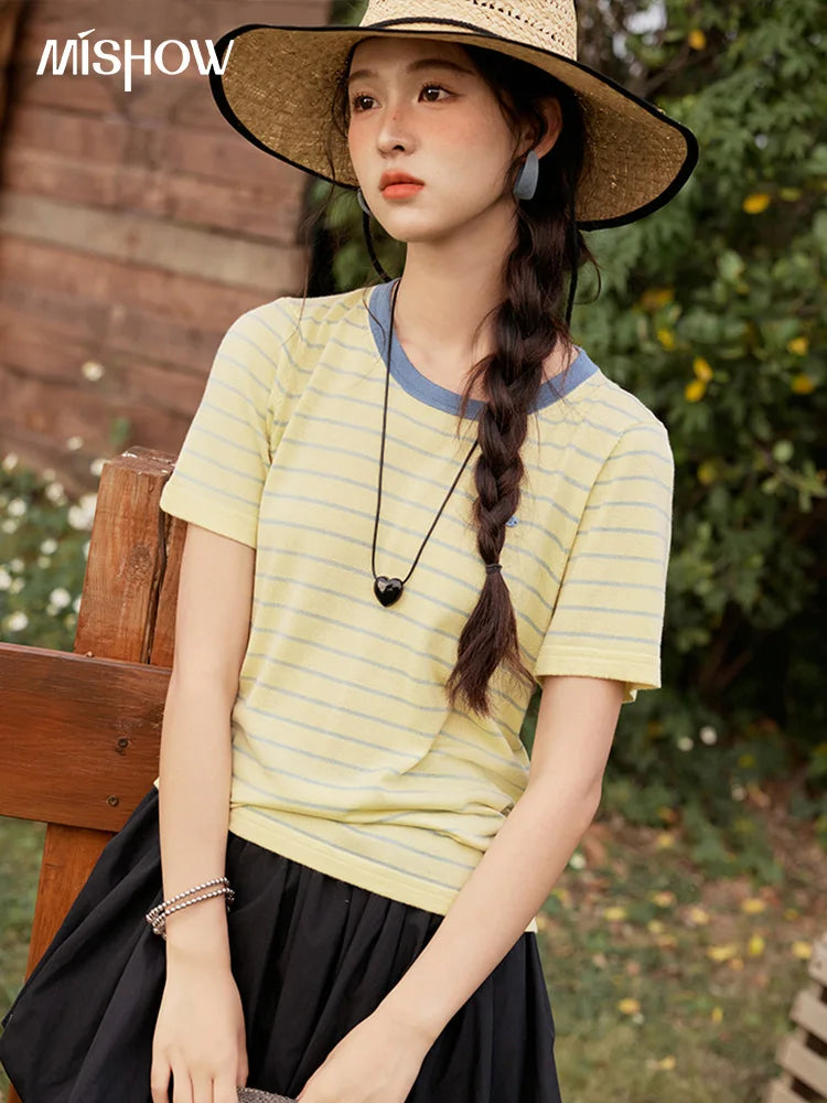 MISHOW Striped Knitted T-shirt for Women Summer 2025 Color Contrasting Round Neck Tees Wool Blended Slim Casual Top MXE35Z1270