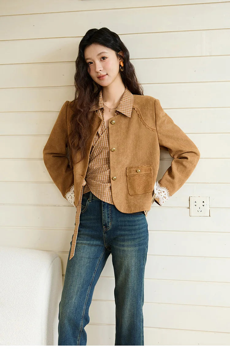 MISHOW Women's 100 Cotton Dark Orange Plaid Shirt  Autumn Design Side Waist Lace-up Long Sleeved Shirts Office Lady MXE46X2494