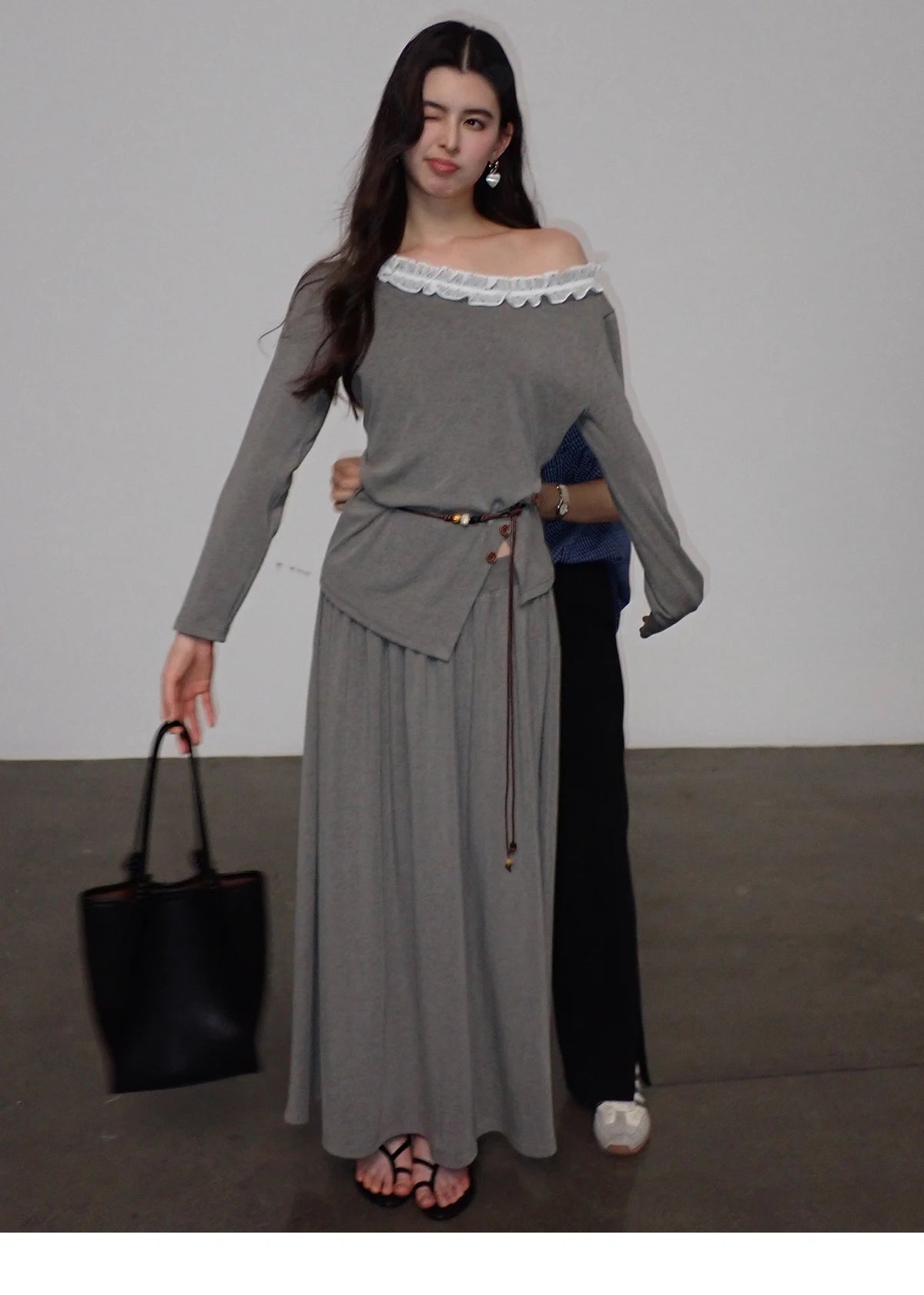 MISHOW Women's Grey Irregular Top Elastic Waist Skirt Two-Piece Set Spring Off-Shoulder Lace Trim Top Maxi Skirt Set MXF13T1479