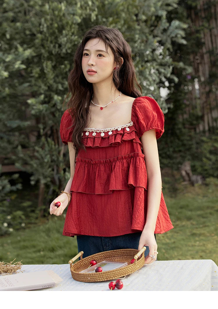 MISHOW French Summer Blouse Women New 2025 Short Sleeve Square Collar Cake Ribbon Shirts Female Fashion Slimming Tops MXE33X1763