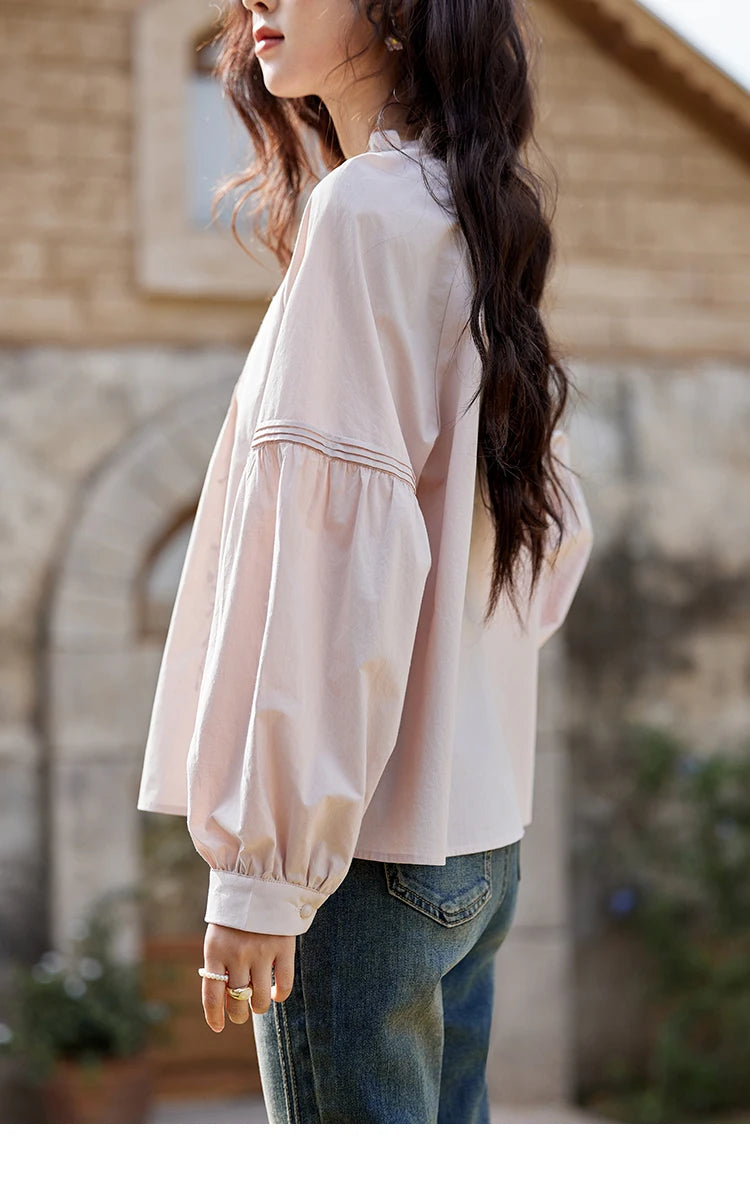 MISHOW Pink Cotton Ruffled Blouse Loose Long Sleeve MXE13X1699