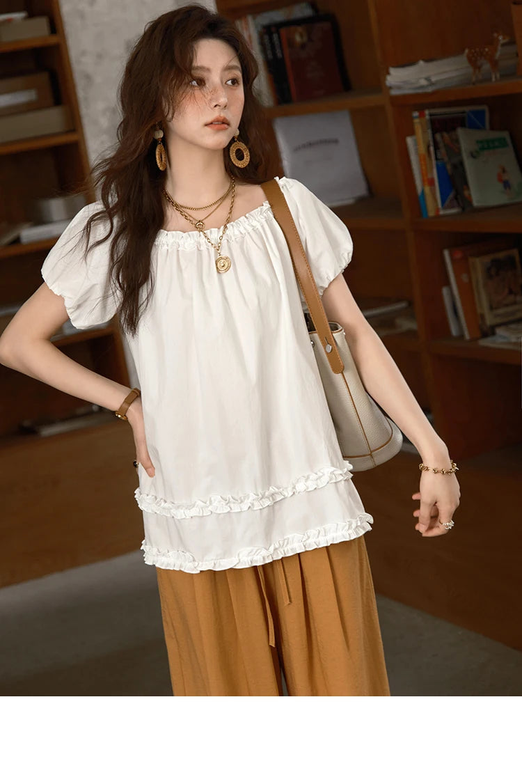 MISHOW Women's Fashion Puff Sleeve Blouse 2025 Summer Casual O-Neck Edible Tree Fungus Spliced Top Female Clothing MXE39X1929