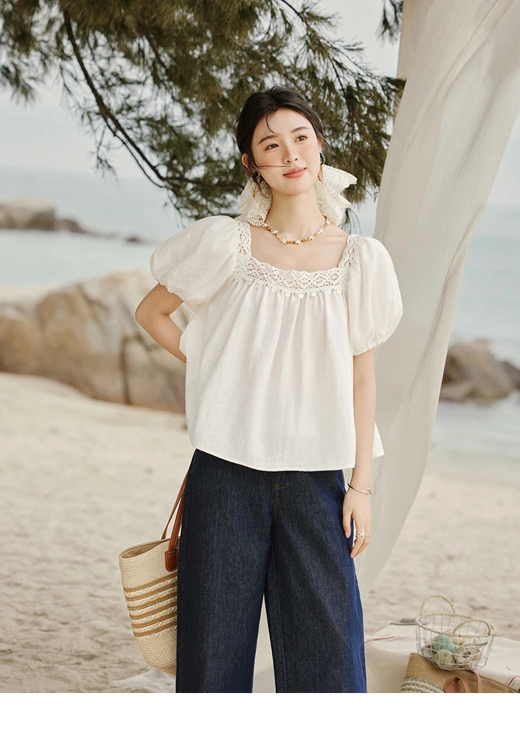 MISHOW French New Shirts Women Summer 2025 Short Puff Sleeve Square Collar Solid Splicing Lace Blouses Female Holiday MXE32X1780