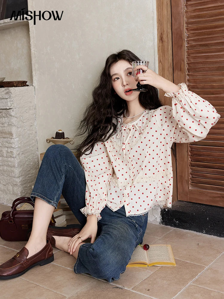 MISHOW Lace Up Polka Dot Round Neck Lace Shirt for Women Autumn 2024 Thin Sweets Shirt Elastic Petal Cuffs Chic Top MXD44X1667