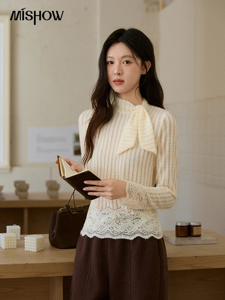 MISHOW French Lace-up Bottom Tops Women Autumn Winter 2025 Korean Vertical Stripe Knitted Top Thickened Interior Tops MXE92Z2797