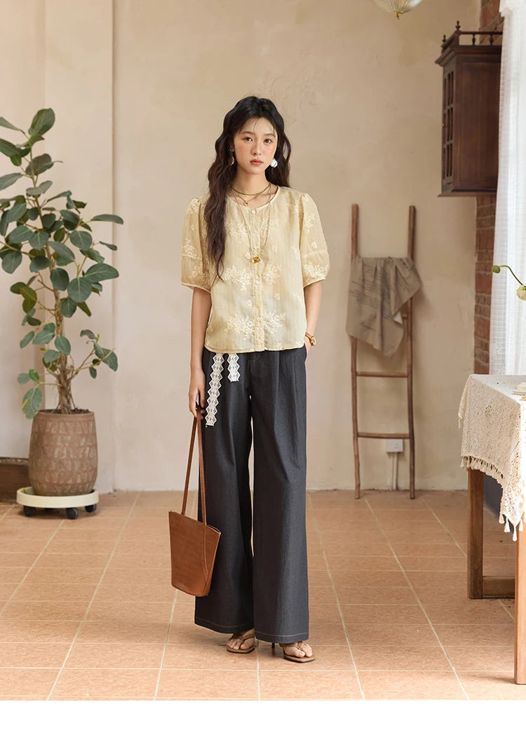 MISHOW French Retro Embroidered Floral Blouse for Women Summer 2025 Round Neck Single Breasted Top Puff Sleeve Blouse MXE36X1874