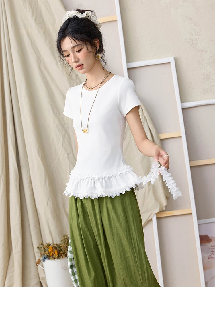 MISHOW White Ruffled T-shirt for Women Summer 2025 Round Neck Loose Slim Cotton Casual Tees with Red Lanyard Necklace MXE34T0557
