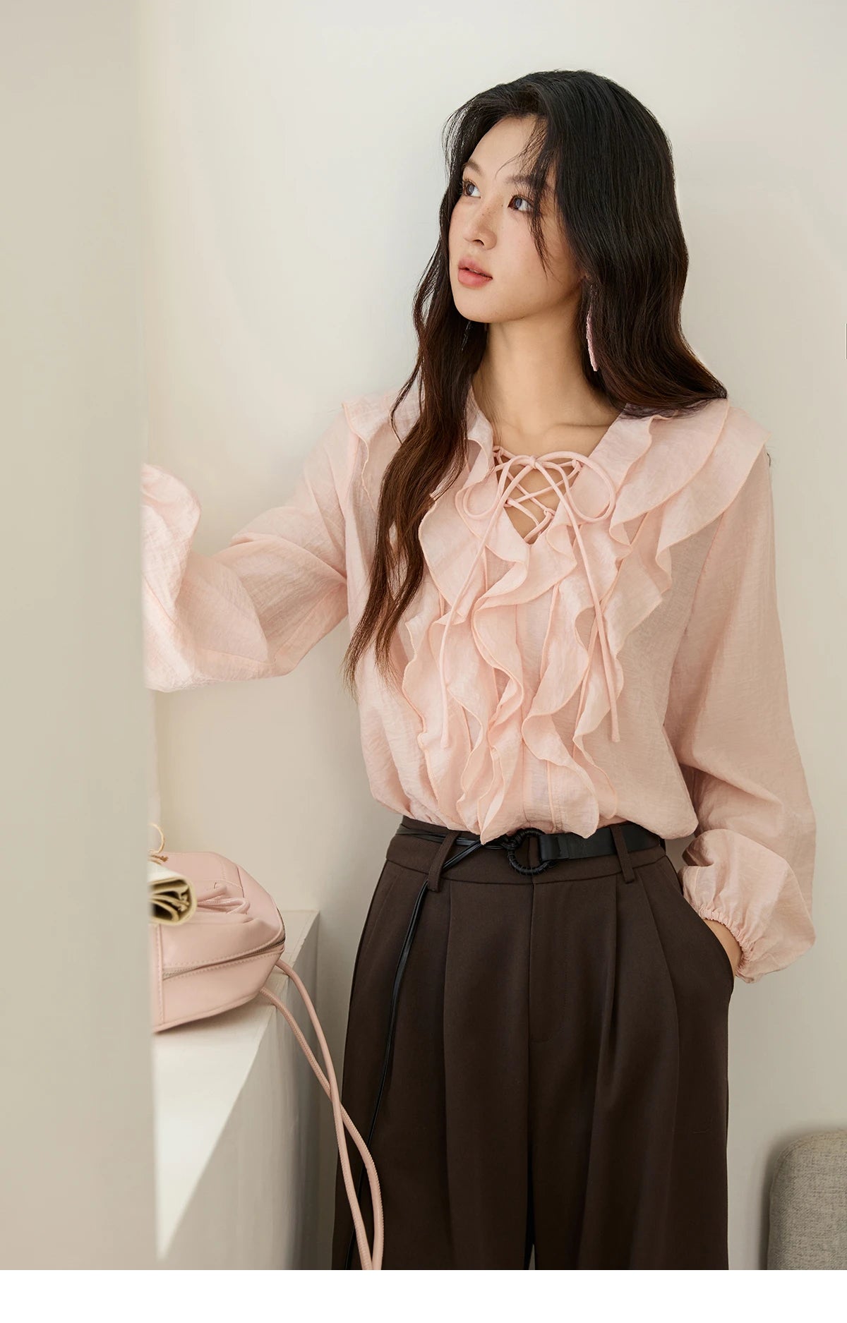 MISHOW Pink Ruffled Blouse for Woman 2025 Autumn New Elegant Sweet V-neck Lace-up Design Shirt Lantern Sleeves Top MXE49X2504