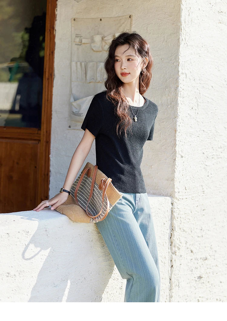 MISHOW Versatile Denim Straight Leg Pants for Women Spring 2025 Embroidery Pockets Commuting Loose Denim Trousers MXE14K0870