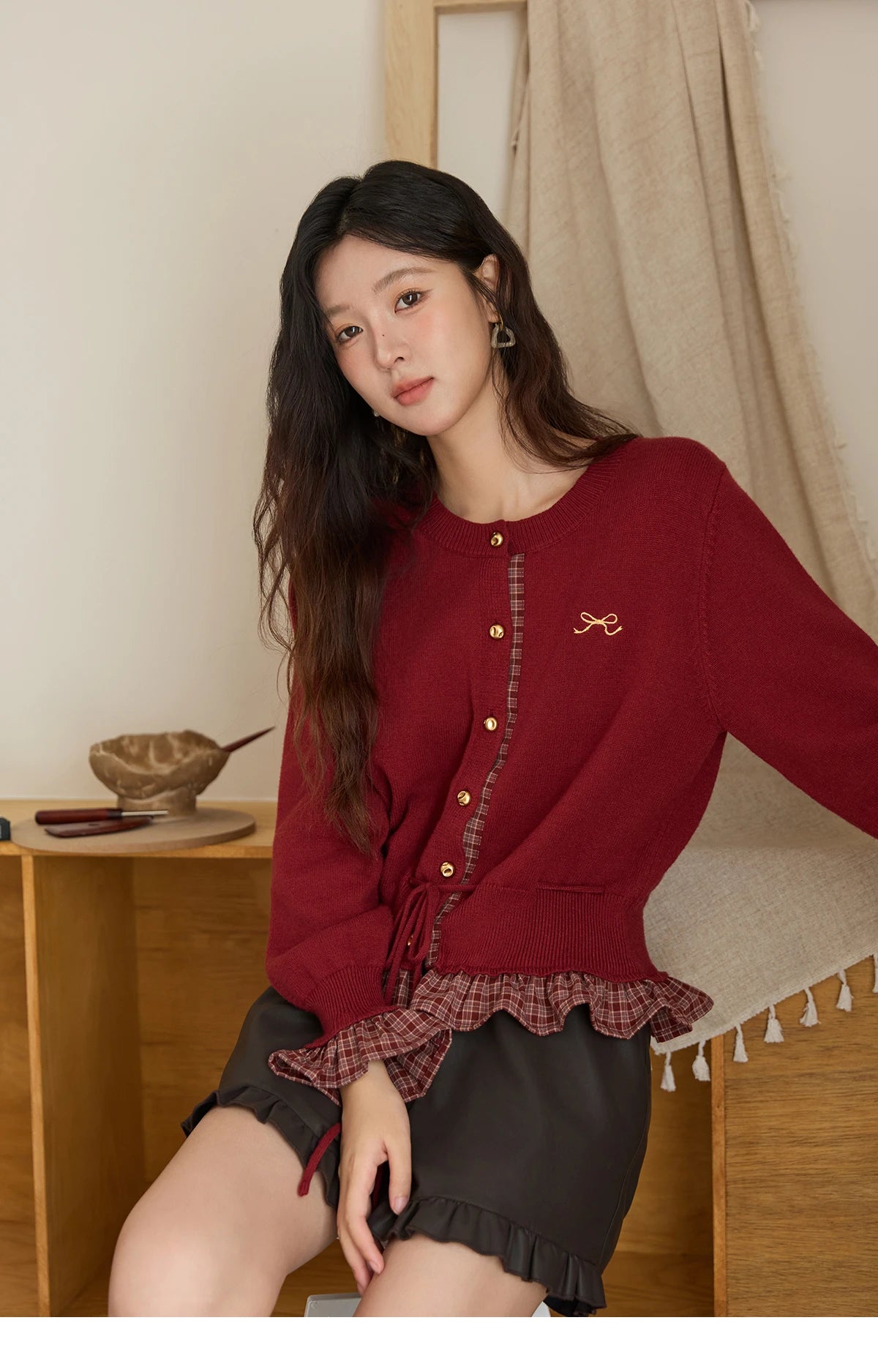 MISHOW Christmas Women's Cardigan 2025 Red Fake Two-Piece Plaid Patchwork Knit Top O-Neck Single-Breasted Outerwear MXE45Z2483