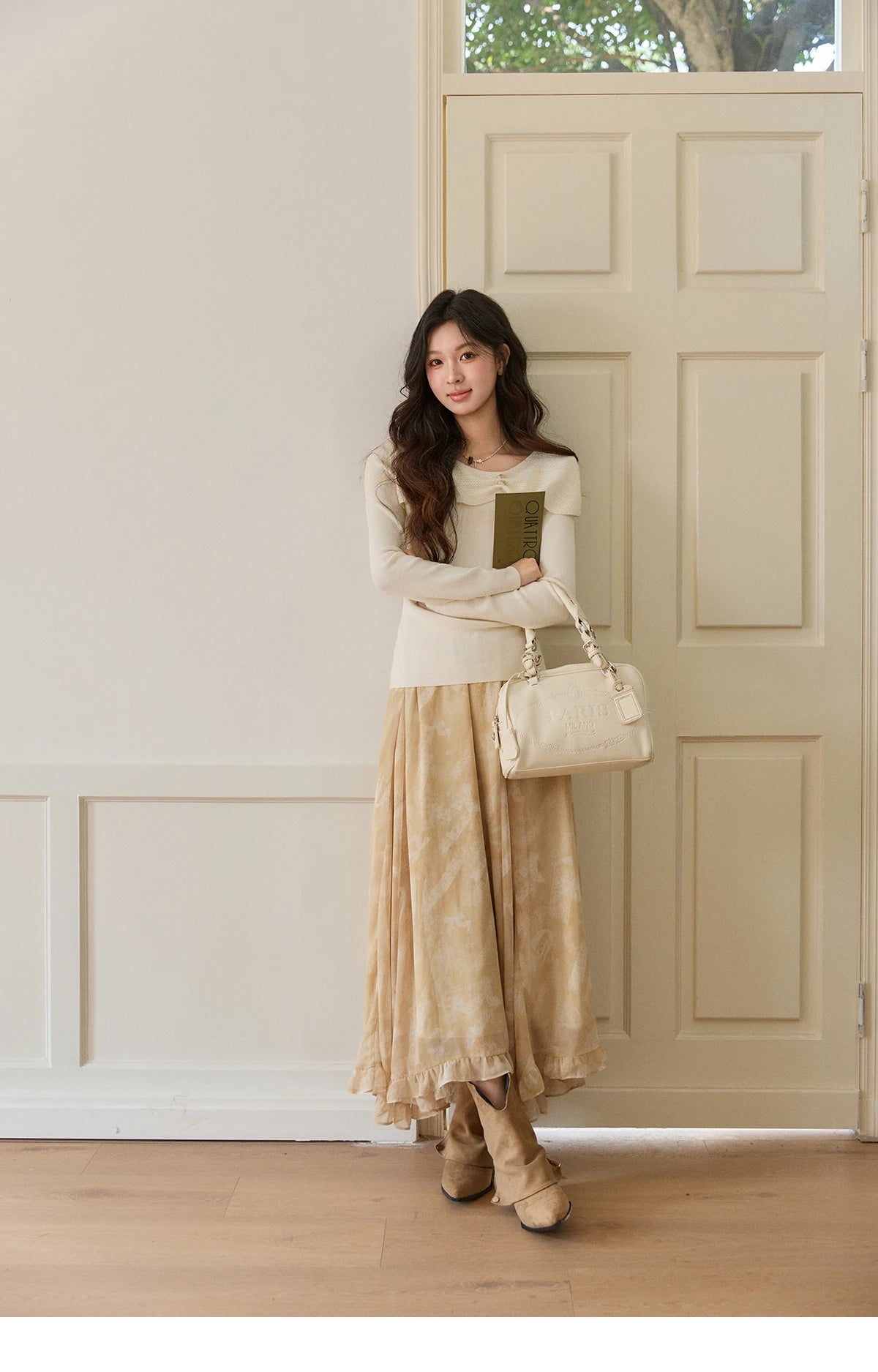 MISHOW Women's Beige Chiffon Maxi Skirt 2026 Spring Floral Print High Waist Ruffled Asymmetrical Casual Long Skirts MXF11B2463