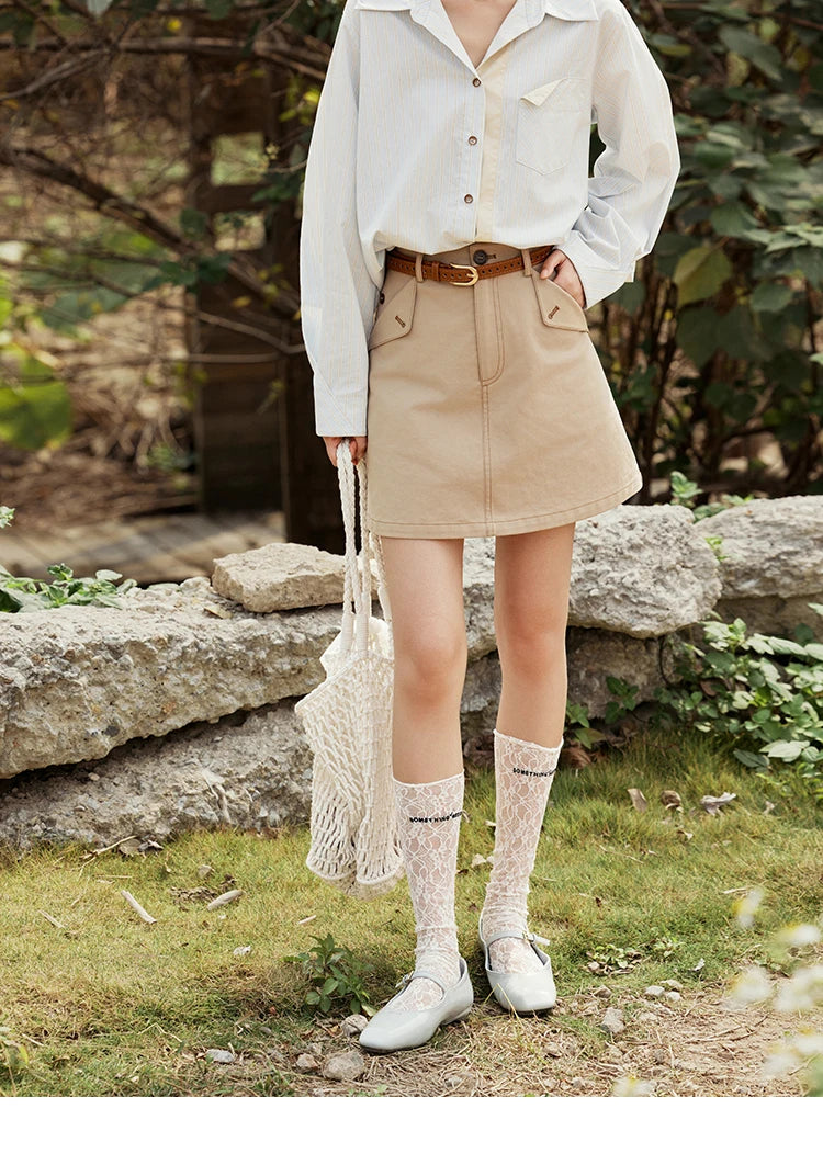 MISHOW Khaki A-line Short Skirt Spring 2025 100Cotton High Waist Versatile Skirt Zipper Pockets Skirt (Not with Belt) MXE15B0696