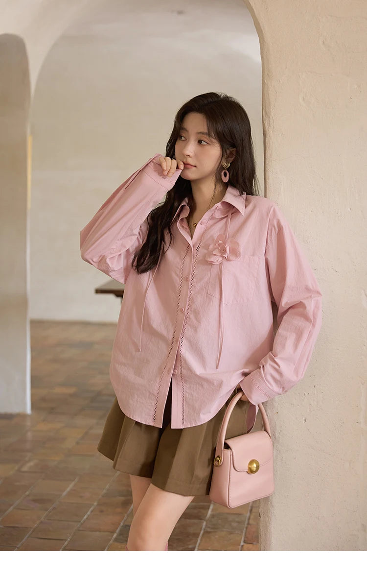 MISHOW 100% Cotton Shirt For Women Autumn 2025 New Fashion Petal Ribbon Button Long Sleeves Shirt Women's Clothing MXE41C2349