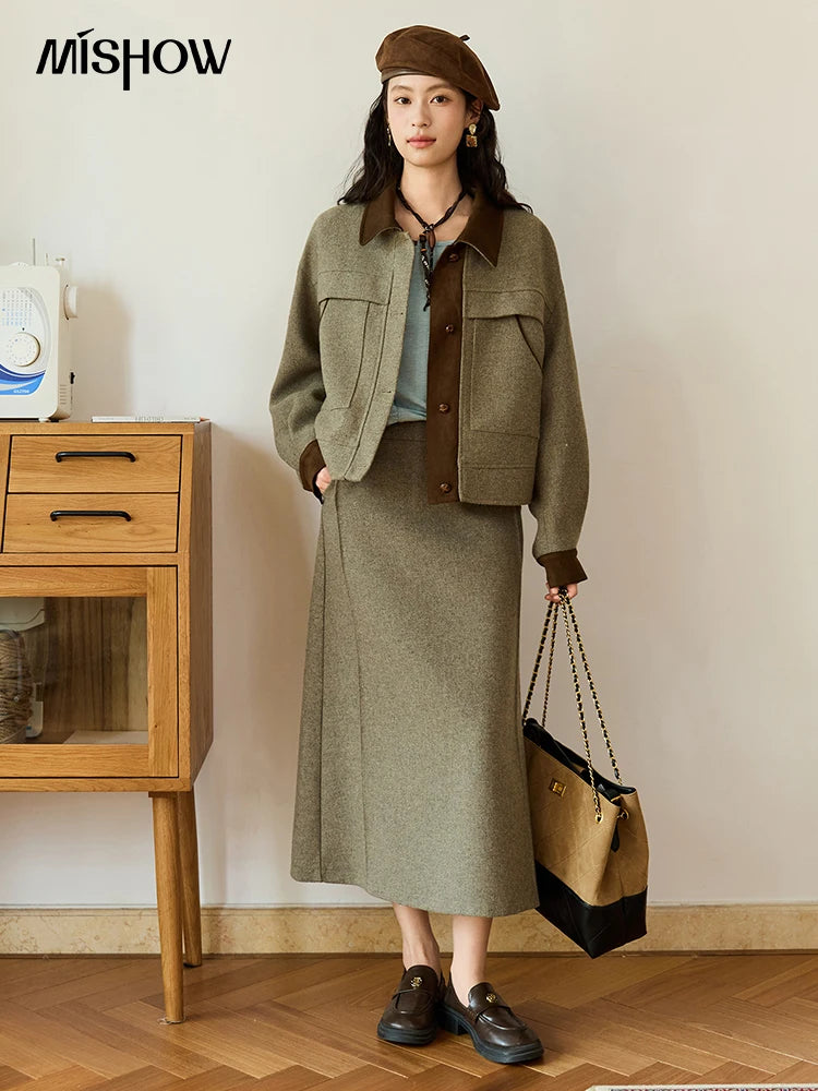 MISHOW Women's Wool A-line Skirt 2025 Autumn Winter Retro Suede Woolen Rear Hem Slit Skirt Versatile Waist Skirts MXE46B2426
