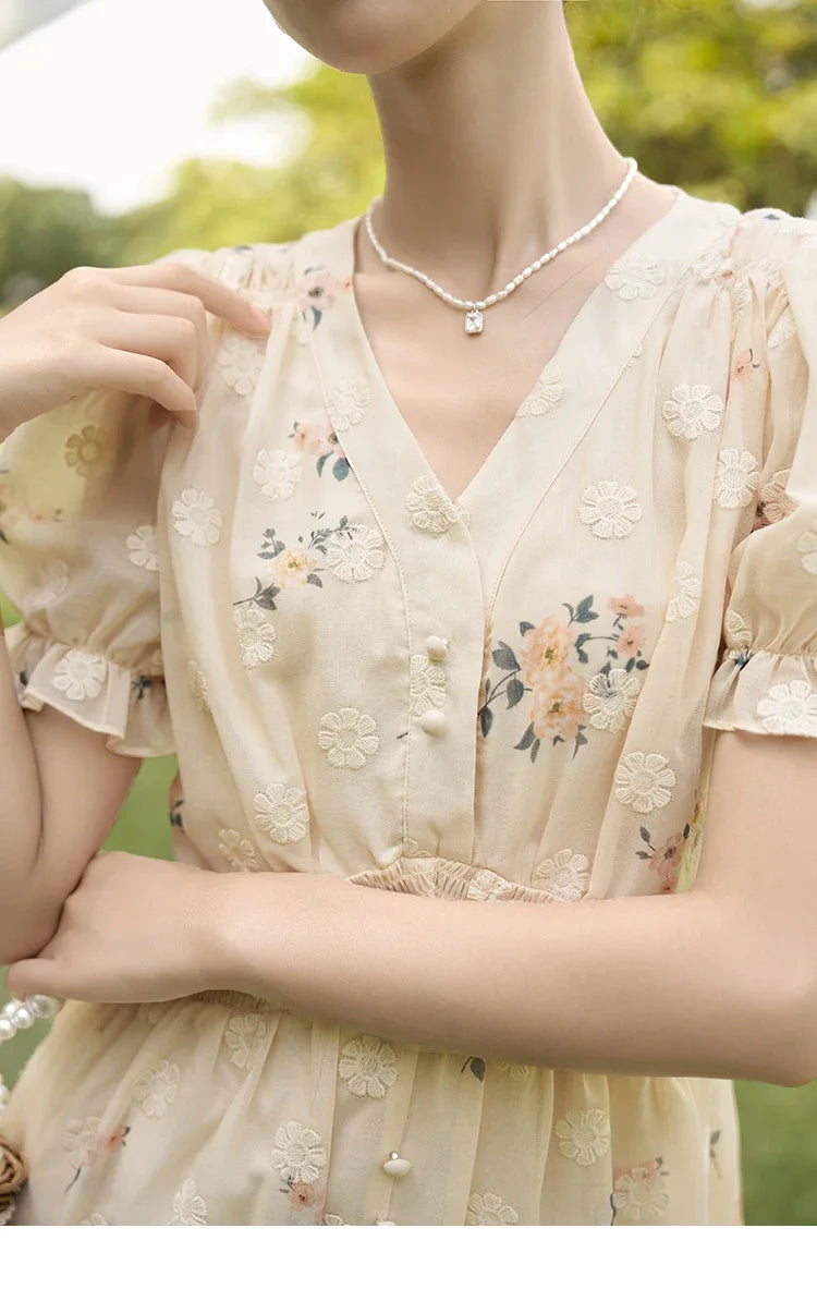 MISHOW Women's Chiffon Dress 2025 Summer French Elegant Floral Embroidered A-LINE V-Neck Sweet Knee-Length Dresses MXC38L1424