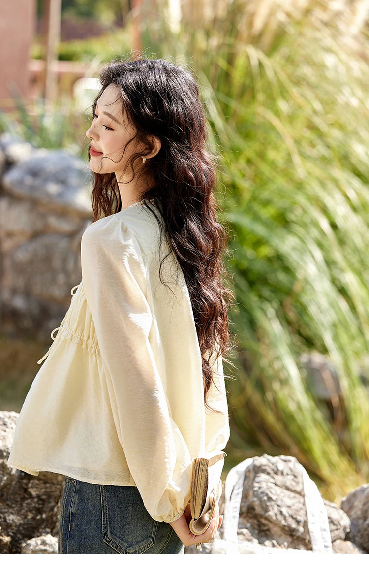 MISHOW Women's Jacquard Lace V-neck Blouses 2025 Spring Ruffled Wavy Design Blouse Slim Elegant Commuting Sweet Top MXE12C0397