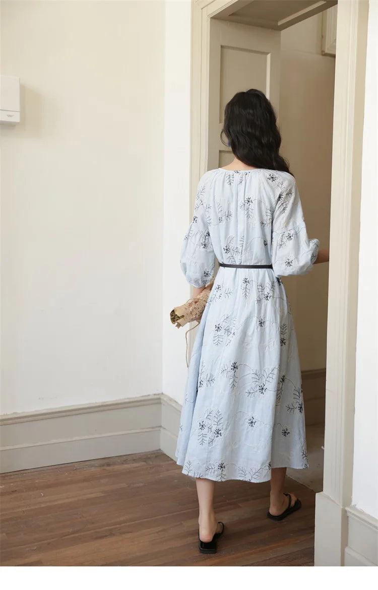 MISHOW Blue Flower Embroidered Dress 2025 Autumn Seven Cent Lantern Sleeve Tassel Tie Rope V-neck Dresses with Belt MXE42L2493