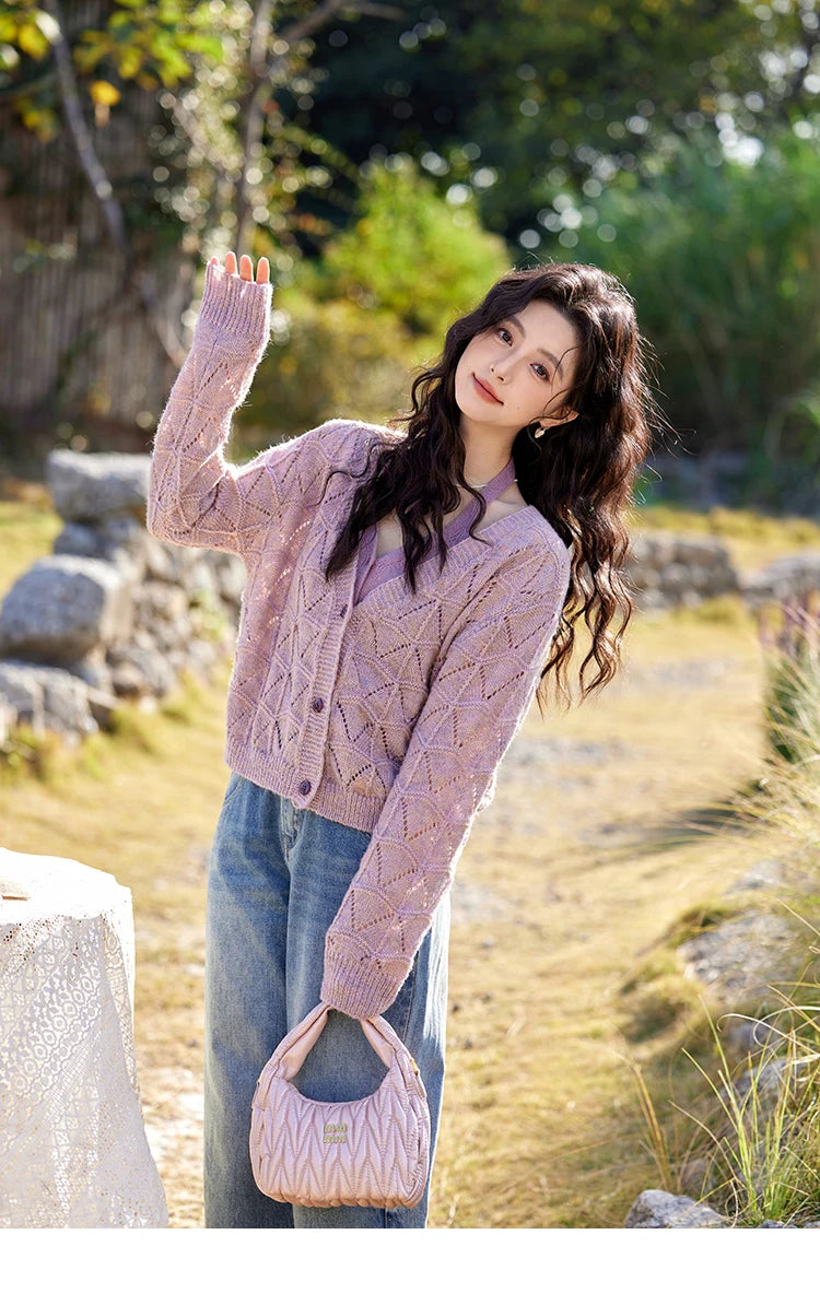 MISHOW French Knit Cardigan Women Separately 2025 Spring New Korean Casual Diamond Plaid Sweet V Neck Hollow Sweater MXE11Z1198