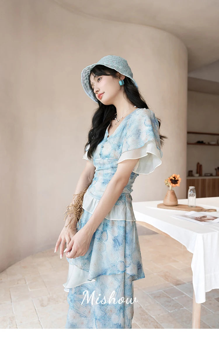 MISHOW [Van Gogh Collection] Fairycore Dresses 2025 Summer Double Layer Sleeves Asymmetrical V-Neck Printing Dress MXC39L1527