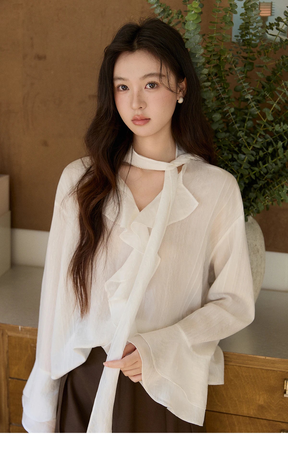 MISHOW Women's Ruffle Trim Chiffon Blouse with Detachable Scarf 2026 Spring Long Sleeve Loose Fit Casual White Top MXF108X0999