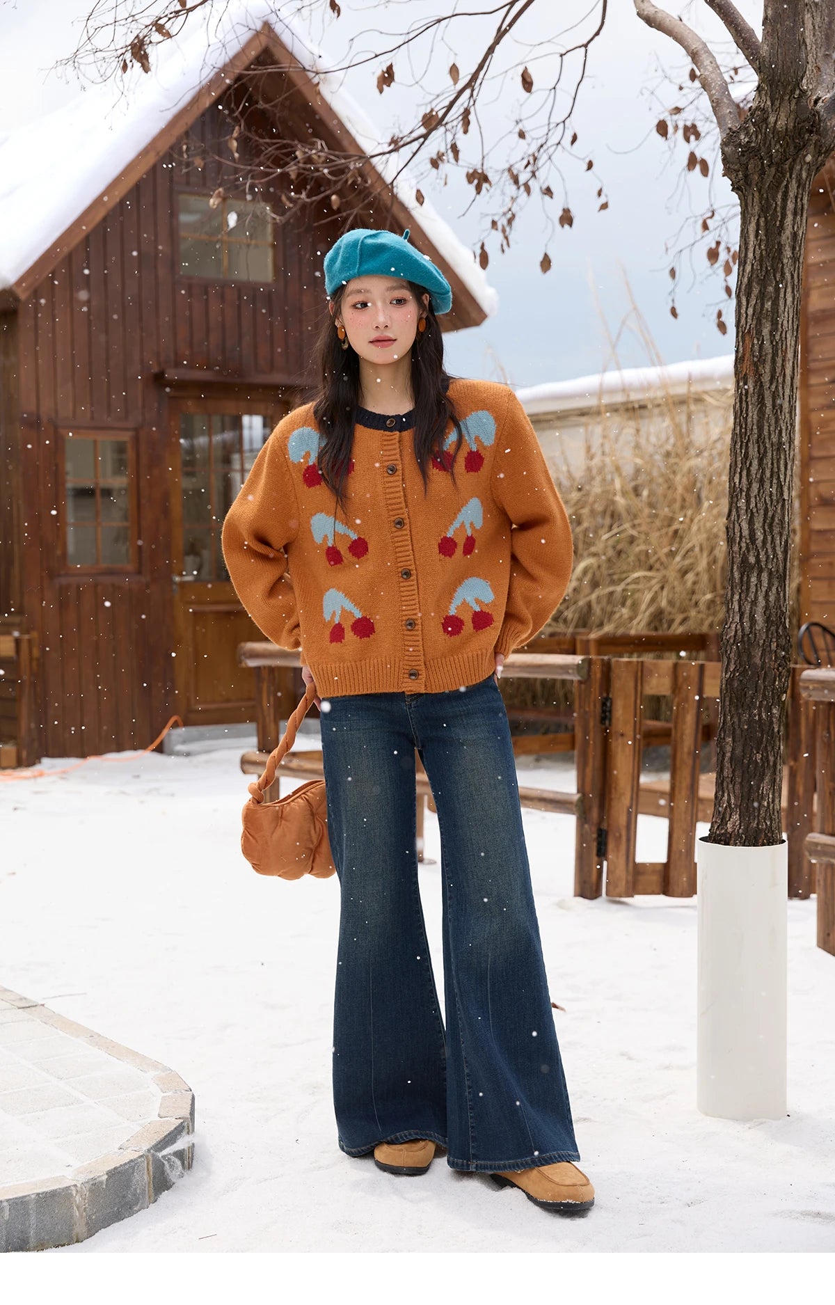 MISHOW Cherry Jacquard Knitted Cardigan for Women 2025 Winter Retro Sweet Round Neck Long Sleeves Sweater Commute Top MXE88Z2689