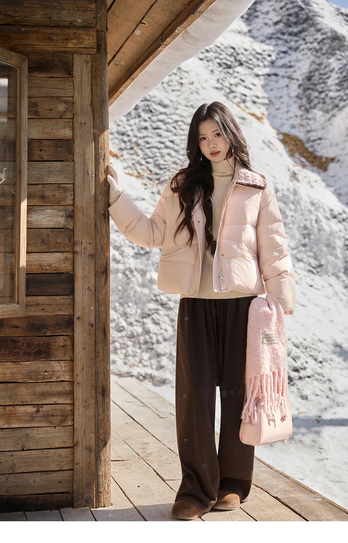 MISHOW Women's Sweet Knitted Lapel Collar Short Down Jacket 2025 Winter White Duck Down Single-Breasted Zipper Coat MXE94Y0094