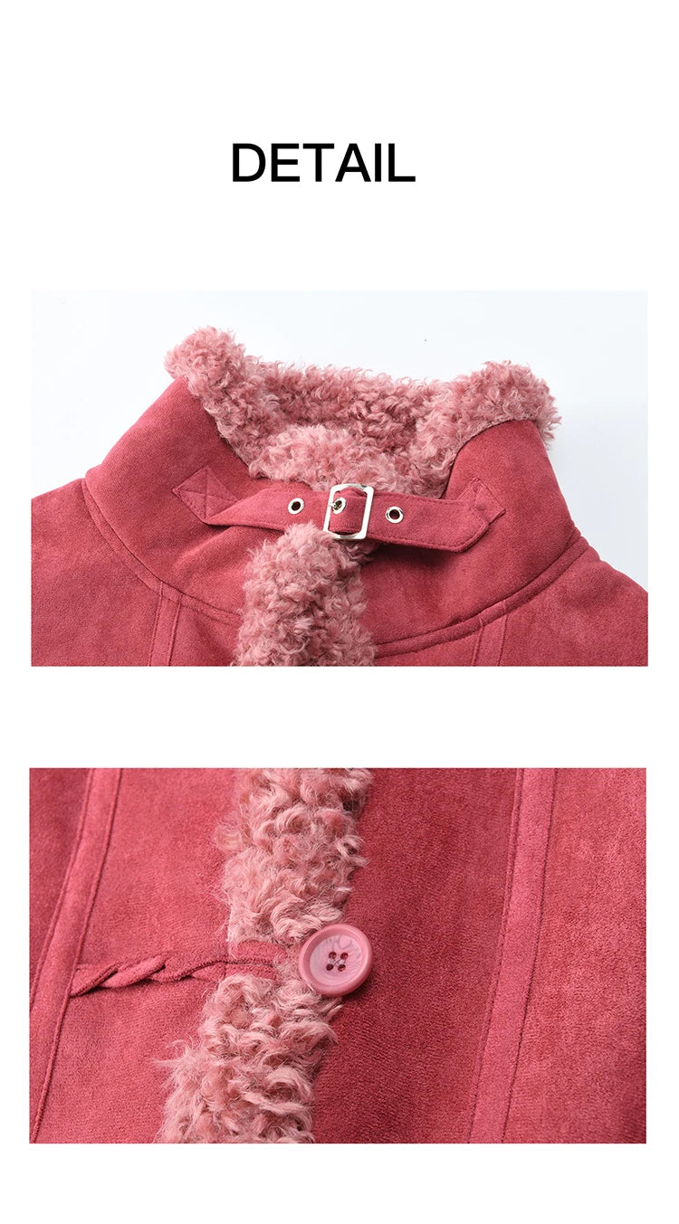 MISHOW Women's Dragon Fruit Red Suede Patchwork Coat 2025 Winter Color Block Stand Collar Thickened Short Outerwear MXE87W0942