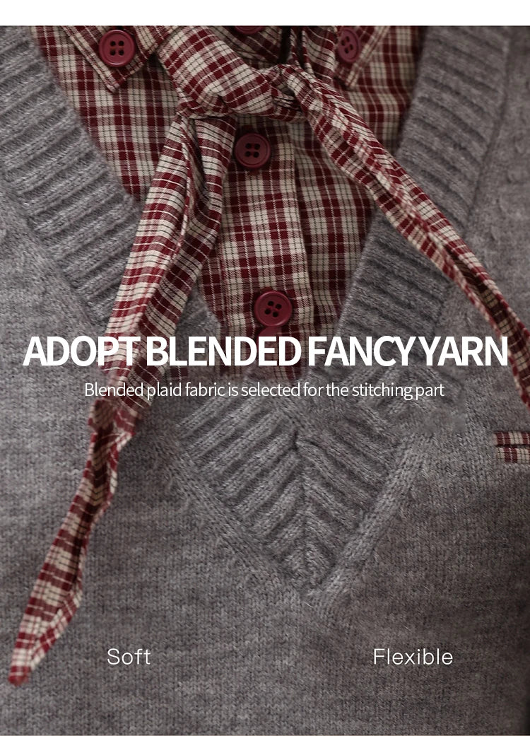 MISHOW Fake Two-piece Knitted Sweater for Women 2025 Winter Plaid Turn-down Collar Splicing Detachable Scarf Sweater MXE89Z2605