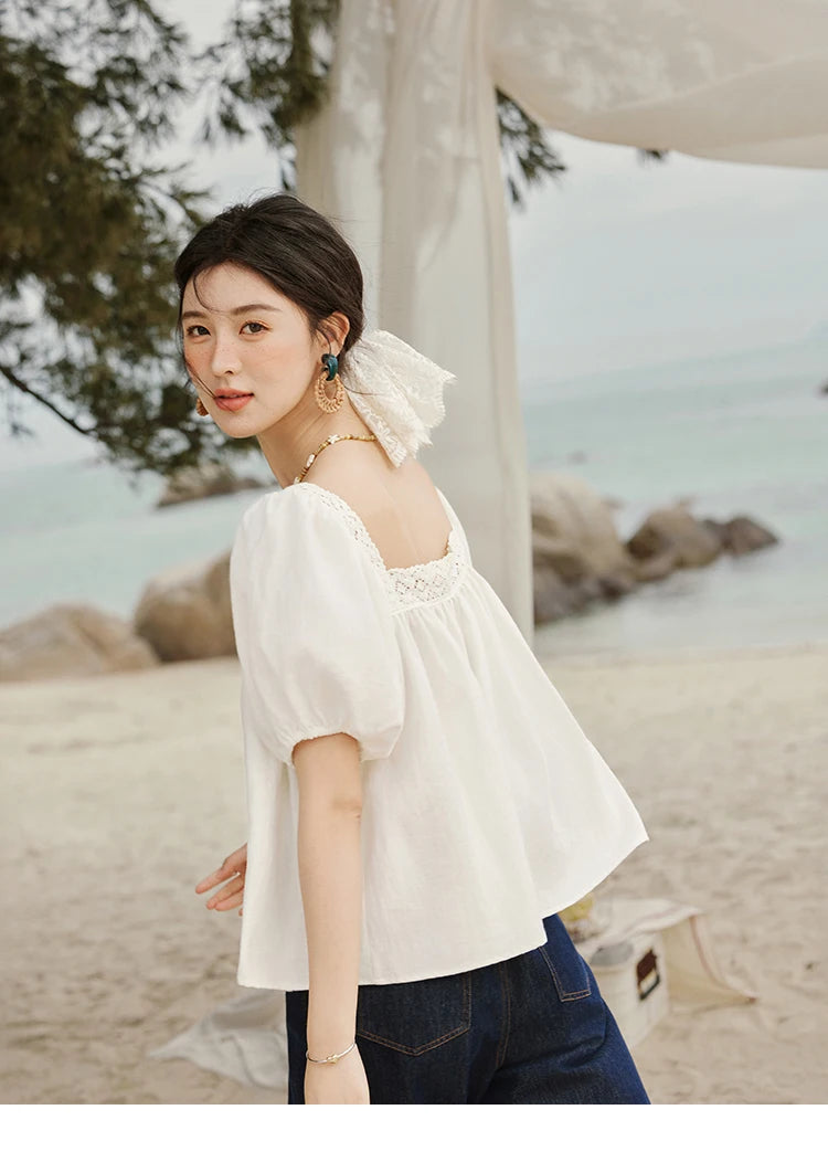 MISHOW French New Shirts Women Summer 2025 Short Puff Sleeve Square Collar Solid Splicing Lace Blouses Female Holiday MXE32X1780