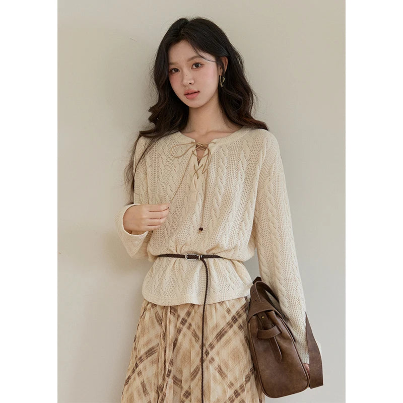 MISHOW Women's Beige Apricot Knitted Sweater 2026 Spring V-Neck Lace-Up Cable Knit Casual Loose Top Excluding Belt MXF108Z1029
