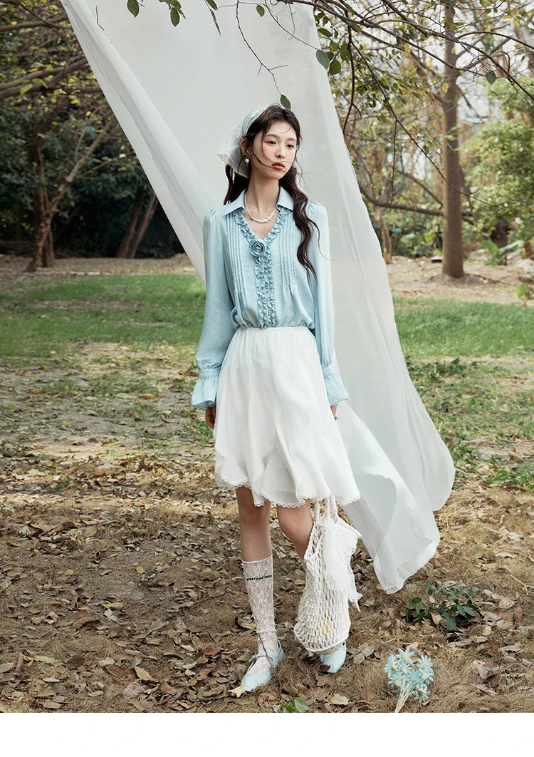 MISHOW Spring New Blouses for Women 2025 V-neck Long Flare Sleeve Solid Shirts Female Fashion Straight Tops Woman MXE14X1730