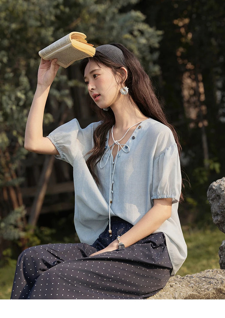 MISHOW French Summer Blouses Women Solid Short Puff Sleeve V-neck Lace-up Design Shirts Female Fashion Straight Tops MXE33X1743