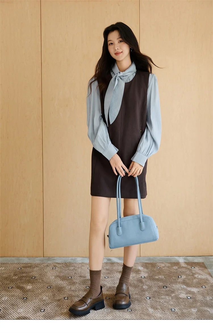 MISHOW Woman Two-piece Set 2025 Autumn College Style Light Blue Shirt Dark Brown Vest Skirt Suit Woman Clothes MXE47T1408