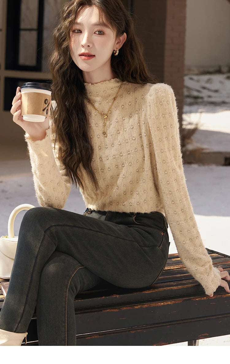 MISHOW Lace Bottoming Shirt Women Autumn Winter Mock Neck Long Sleeve Knitted Pullover French Warm Inner Top Female MXC58Z0481