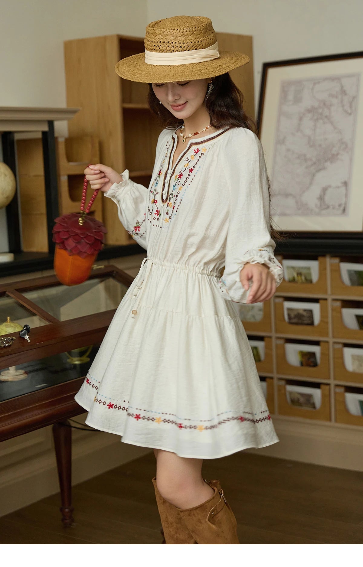 MISHOW Woman Long Sleeve Dress Autumn Elegant V-neck Embroidered Drawstring Waist Dress A-line Bohemian Midi Dresses MXE44L2489