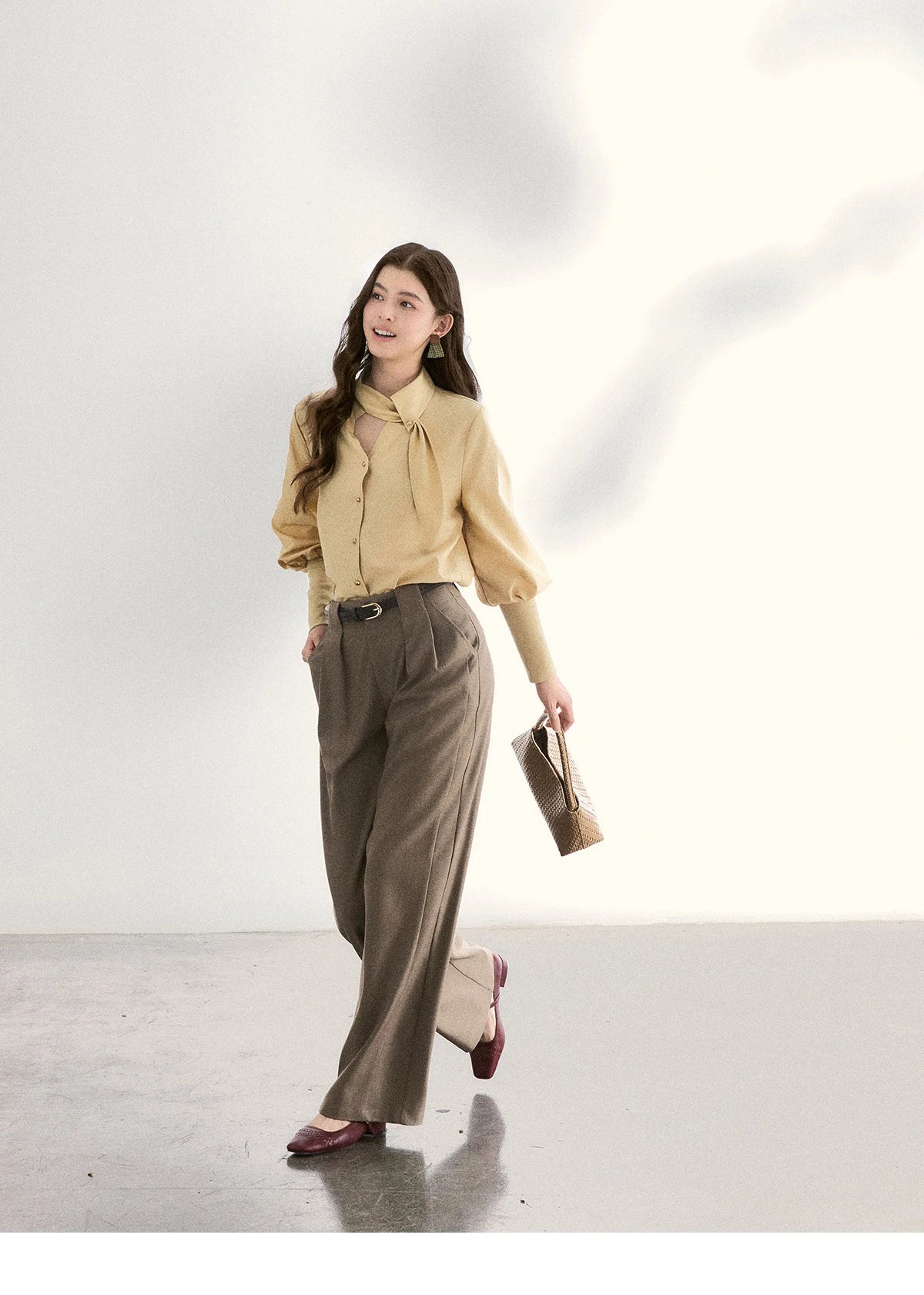 MISHOW Women's Tie Neck Shirts Spring Hollow-out Knitted Patchwork Puff Sleeve Tops Casual Elegant Shirt Office Lady MXF108C0812